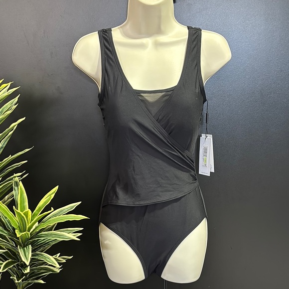 Calvin Klein Mesh V-neck cross over, scoop back,ruched side,padded 1 pc.swimsuit - Picture 1 of 11